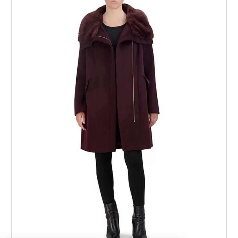 Cole Haan Elegant Burgundy Coat with Faux Fur Collar